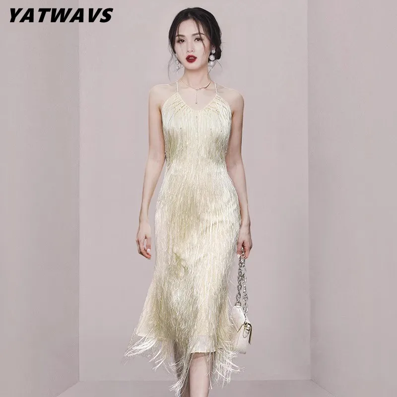 

Sexy Women Designer Tassels Spaghetti Strap Midi Dresses Fashion Elegant V-Neck Summer Sleeveless Female Party Vestidos Robes