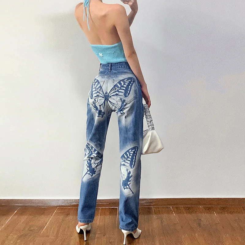 Cyber Y2k Jeans Vintage Streetwear Women Butterfly Print Cotton High Waist Denim Trousers Blue Black E Girl Straight Leg Pants