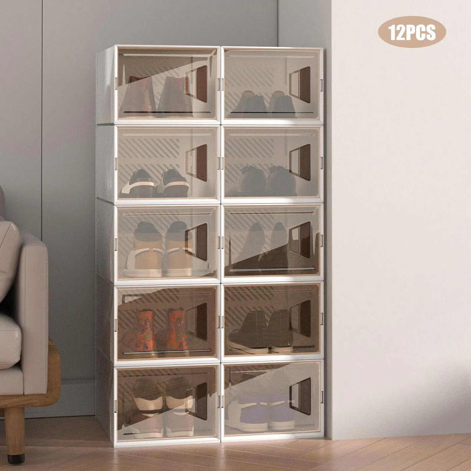 

12pcs Clear Plastic Shoe Storage Box Stackable Foldable Boxes Trainers Storage