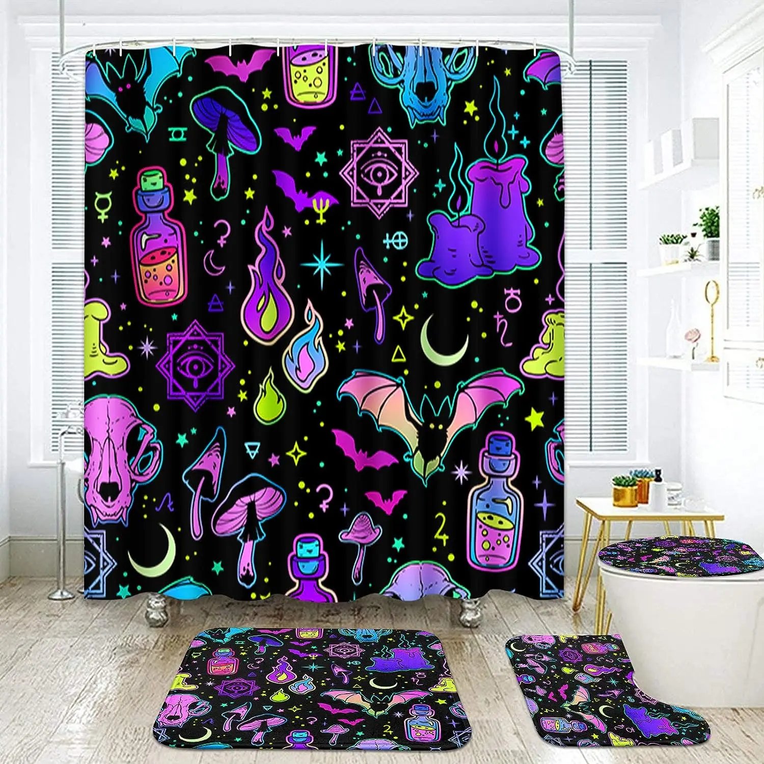 

Halloween Bathroom Set with Shower Curtain and Rugs Accessories Witch Skull Spooky Cloth Shower Curtain for Bathroom Art Decor