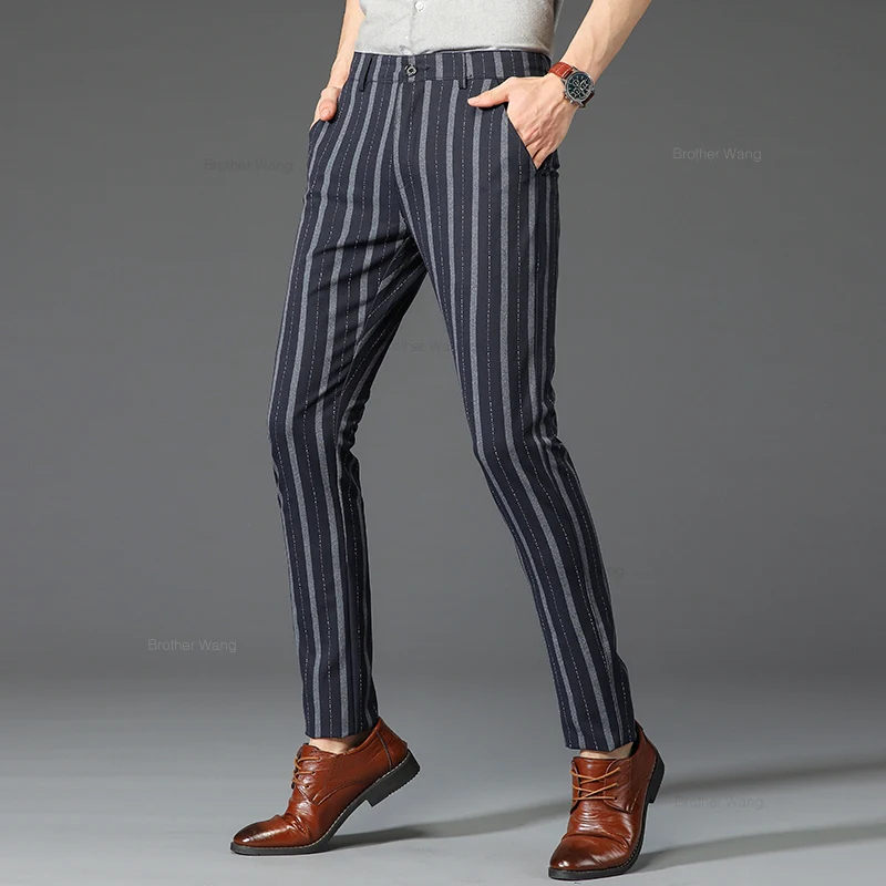 Casual Pants Brand Men's Striped Casual Pants Spring Comfortable Elastic Business Slim Straight British Fashion Trousers Black Khaki Wine Red