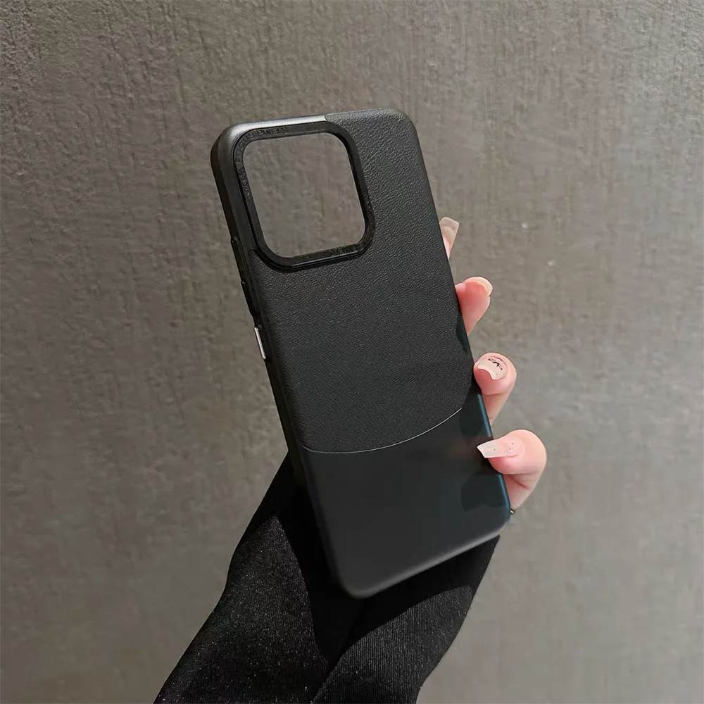 Luxury Double Color Plain Leather Matte Phone Case with Metal Lens Protection and Hybrid Shockproof Design
