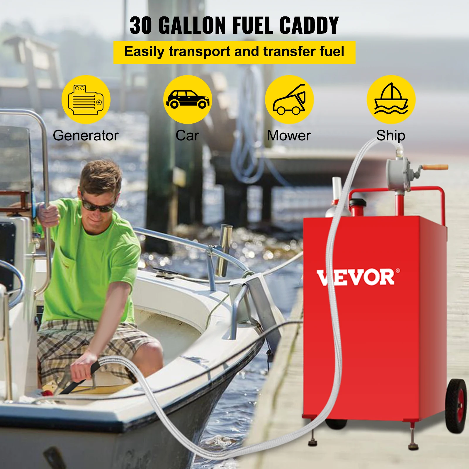 VEVOR 30 Gallon Fuel Caddy, Fuel Storage Tank on 2 Wheels, Portable Gas Caddy with Manuel Transfer Pump for Cars, ATVs, Boats