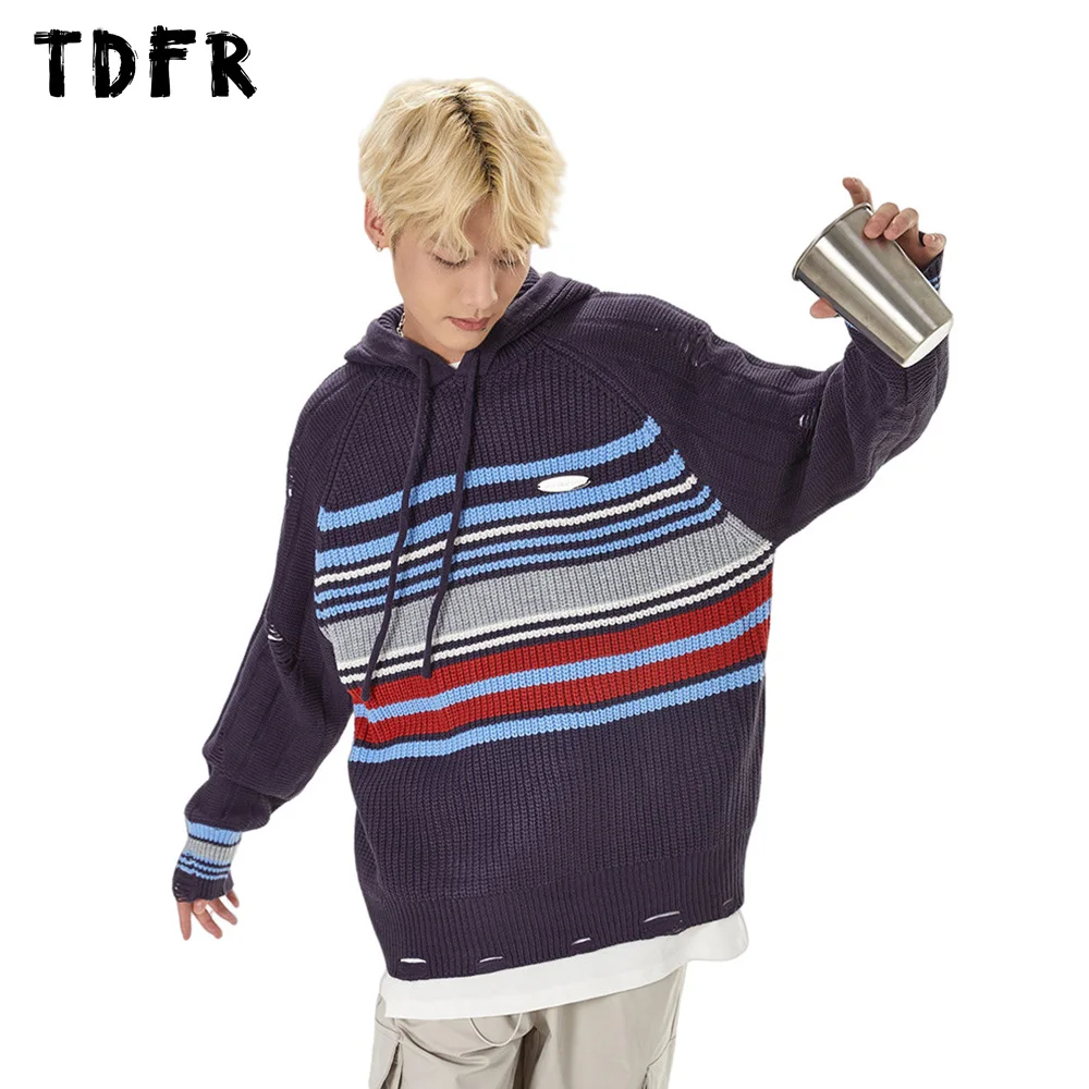 

Contrast Paneled Ripped Sweater Mens Autumn Casual Loose Long Sleeve Hooded Knitted Sweater Men Pullover