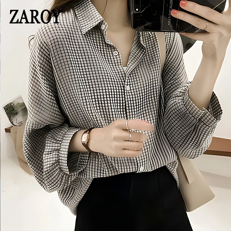 PLAZSON 여성용 루즈 용수철 우아한 격자 무늬 블라우스, 섹시한 라펠 탑, 단추 긴팔 셔츠, 스트리트웨어, 가을, 신상