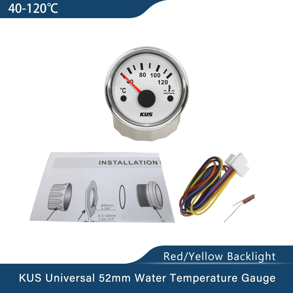 KUS 52mm Car Boat Water Temperature Gauge 40-120℃ 25-120℃ Degree Water Temp Meterwith Yellow/Red Backlight