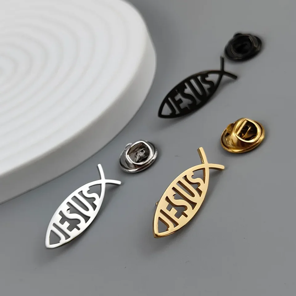 Lot De 4 Broches Poisson Jésus En Acier Inoxydable 304 - Finitions Platine/or/noir - Symbole Chrétien - Pour Manteau, Chemise, Sac