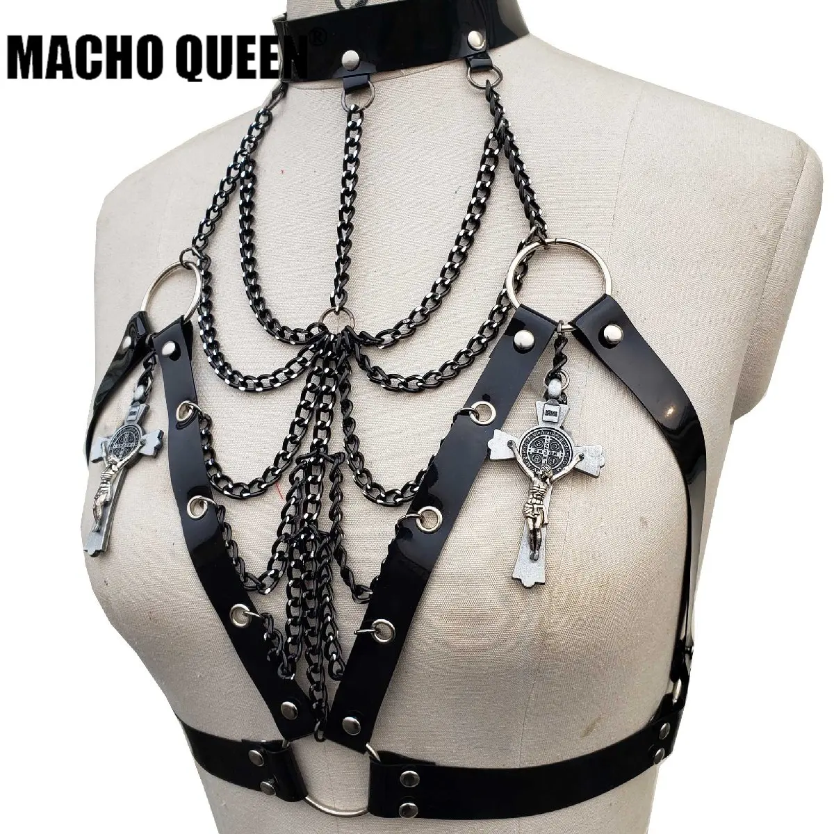 

Handmade Gothic Clothes Fetish Clothing Shinny Black Latex PVC Vinyl Chain Harness Top With Choker Drak Goth Fashion Costumes