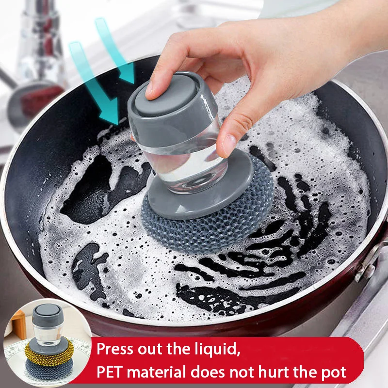 

Press-type Automatic Liquid-filling Pot Brush Kitchen Household Stove Cleaning Brush PET Steel Ball Can Be Replaced