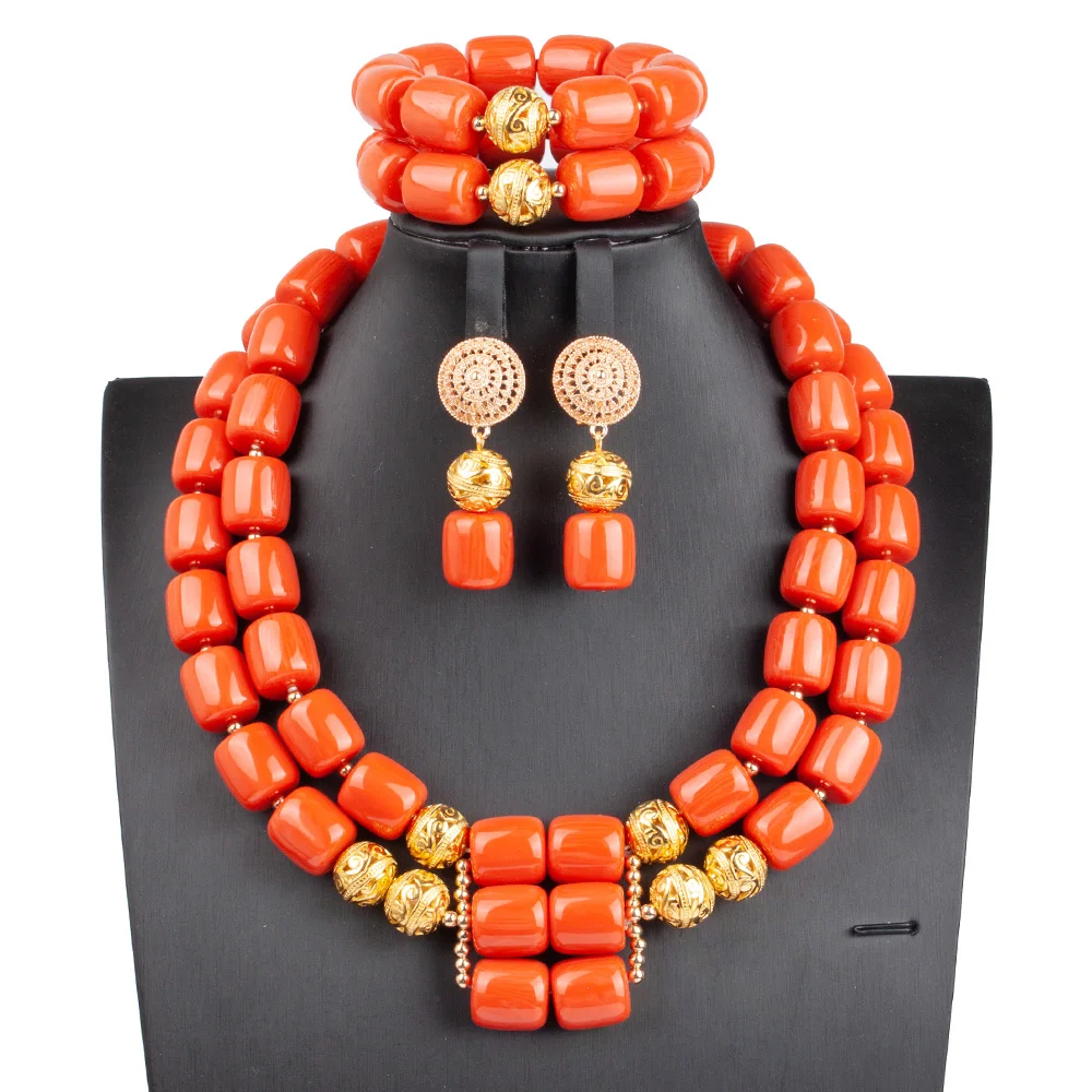 

High Quality Artificial Coral 2 Layers Long Necklace Plastic Beads Dubai Gold Jewelry Set for African Nigerian Wedding ABG231