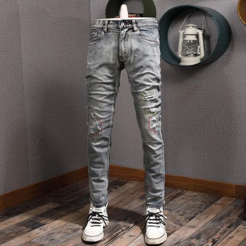 Fashion Vintage Men Jeans Retro Gray Blue Elastic Slim Ripped Jeans Men Embroidery Designer Trousers Trendy Denim Pants Hombre