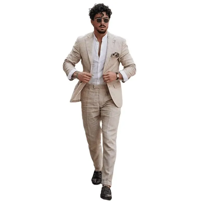 High Quality 2 Piece Casual Beige Linen Men Suits Single Breasted Slim Fit Notch Lapel Blazer with Pants Wedding Costume Homme