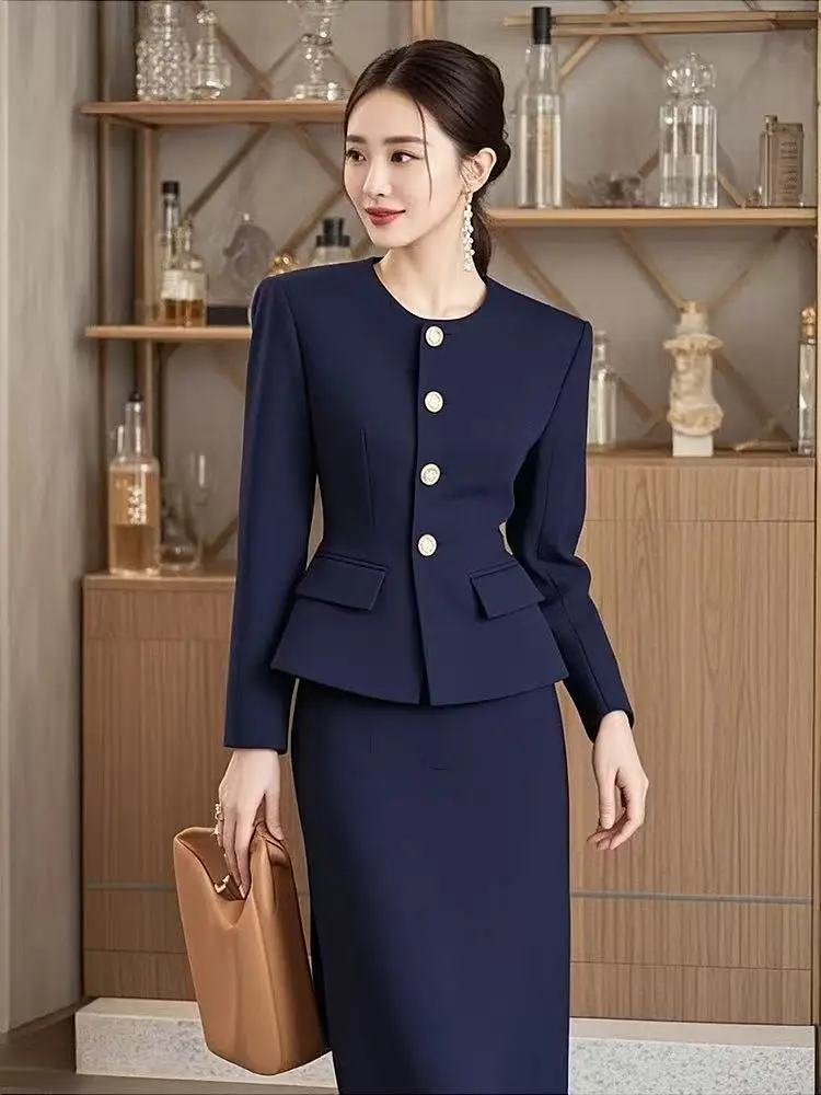 2pc White Office Lady Elegant Open Front Long Sleeve Jacket And Pocket Skirt main image 1
