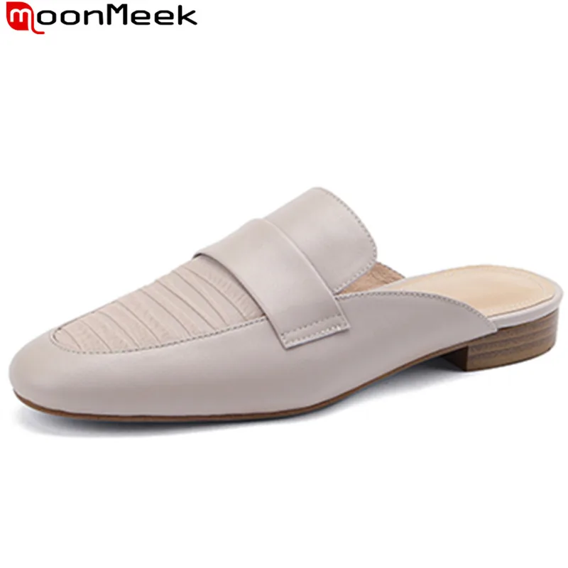 

MoonMeek 2022 Size 32-41 New Women Slippers Mules Genuine Leather Comfortable Dress Shoes Ladies Square Low Heels Slippers