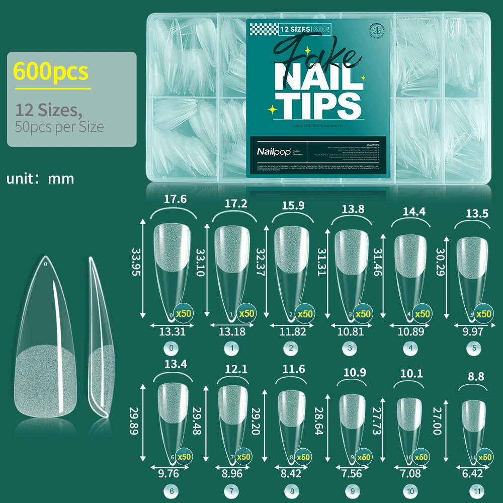 Soft Gel Nail Tips - Pre-Buff Full Cover Coffin, Almond, and Oval Shapes (600 Pieces)