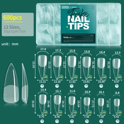 Soft Gel Nail Tips - Pre - Buff Full Cover Coffin, Almond, and Oval Shapes (600 Pieces) (L - Stiletto - 600)