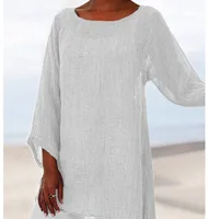 Hot Blouse Women Solid Color Cotton Linen O-Neck Long Sleeve Irregular Tunic Top Spring Summer Oversized Shirts - Image 5
