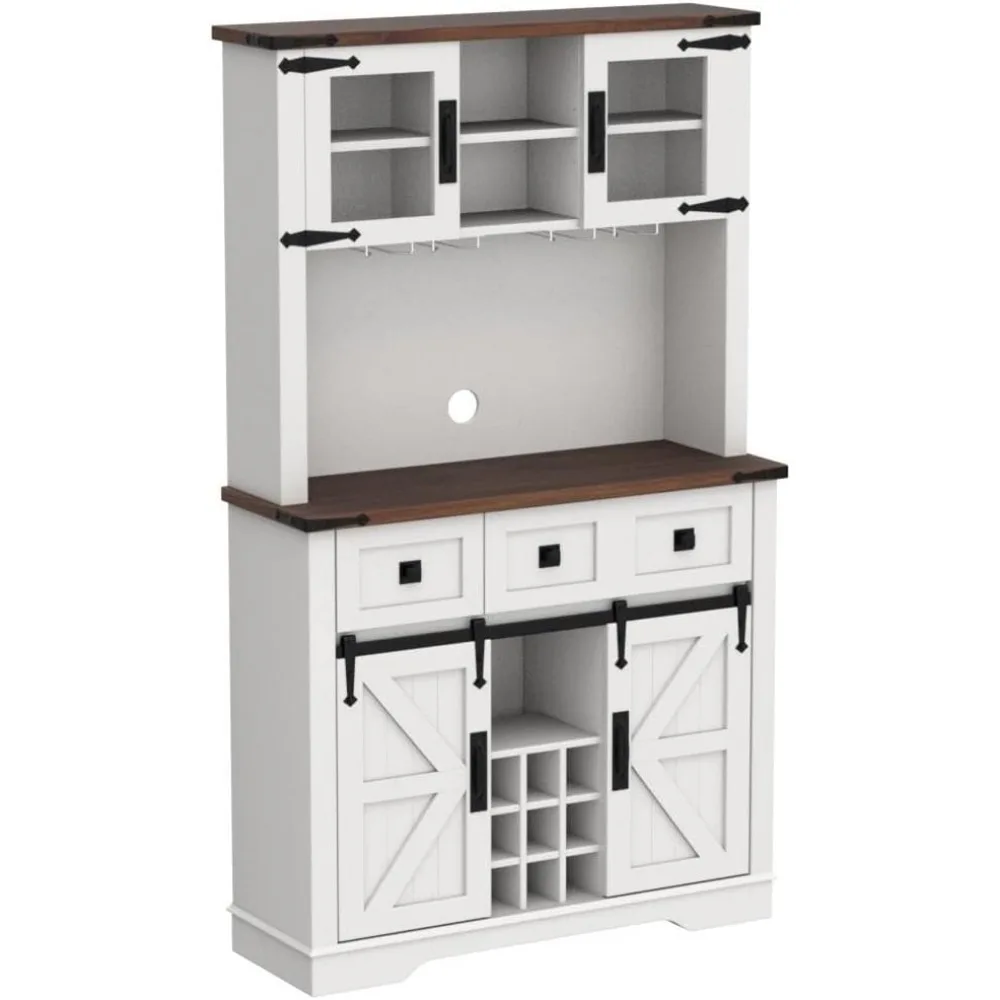 72" Farmhosue Bar Cabinet with Sliding Barn Door, Large Kitchen Buffet with Hutch W/Wine & Glasses Rack, 3 Drawers