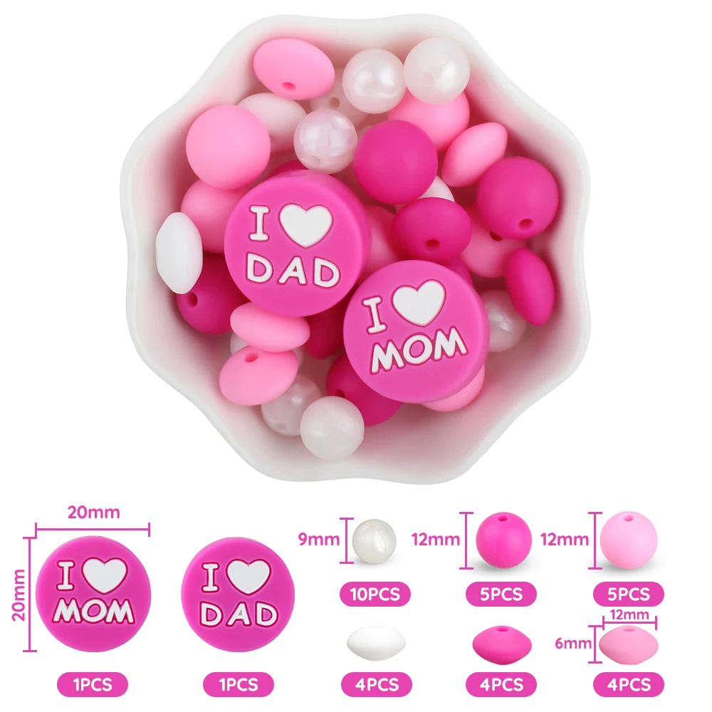 34Pcs/Set Silicone Beads I Love Mum and Dad Round Chew Beads Set Food Grade For Jewellery Making DIY Pacifier Chain Accessories 3