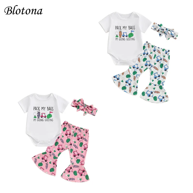 

Blotona Toddler Baby Girls Summer Outfit, Short Sleeve Letters Print Romper with Golf Cart Print Flare Pants and Headband 0-18M