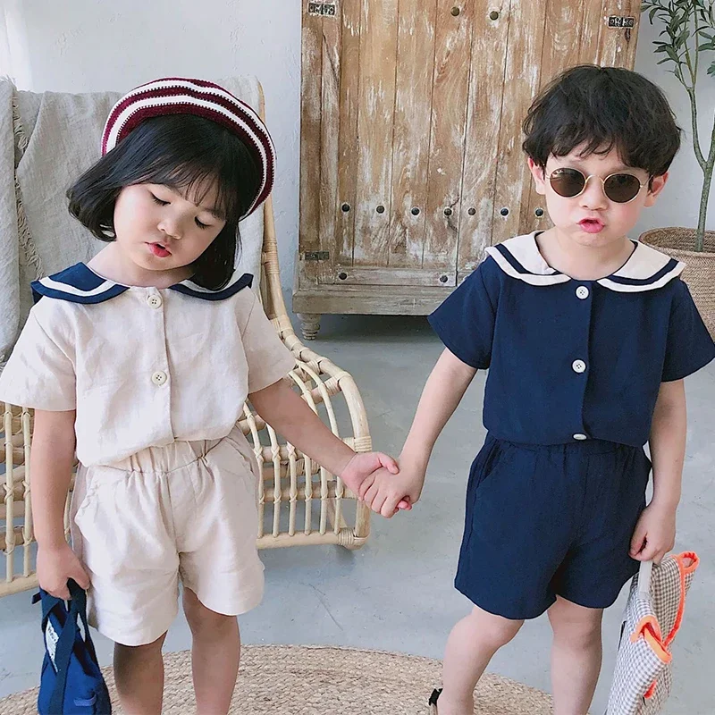 

2024 Summer Korean Style Kids Sailor Collar Cotton Linen Clothes Sets Cute Boys Girls Short Sleeve T Shirt + Shorts 2Pcs Suits
