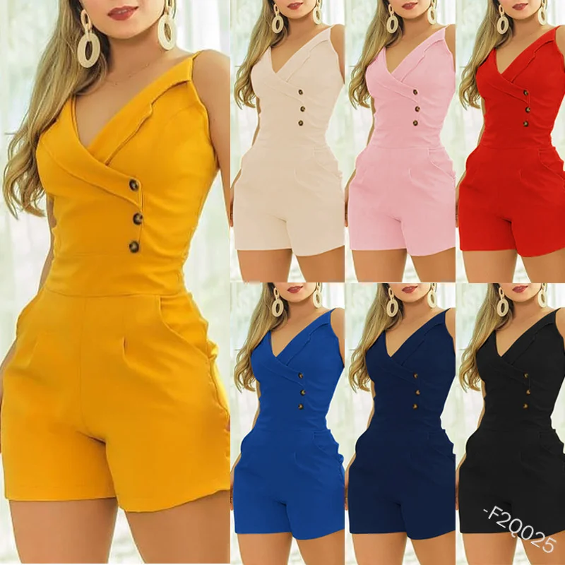 

Solid Spaghetti Strap Buttoned Romper