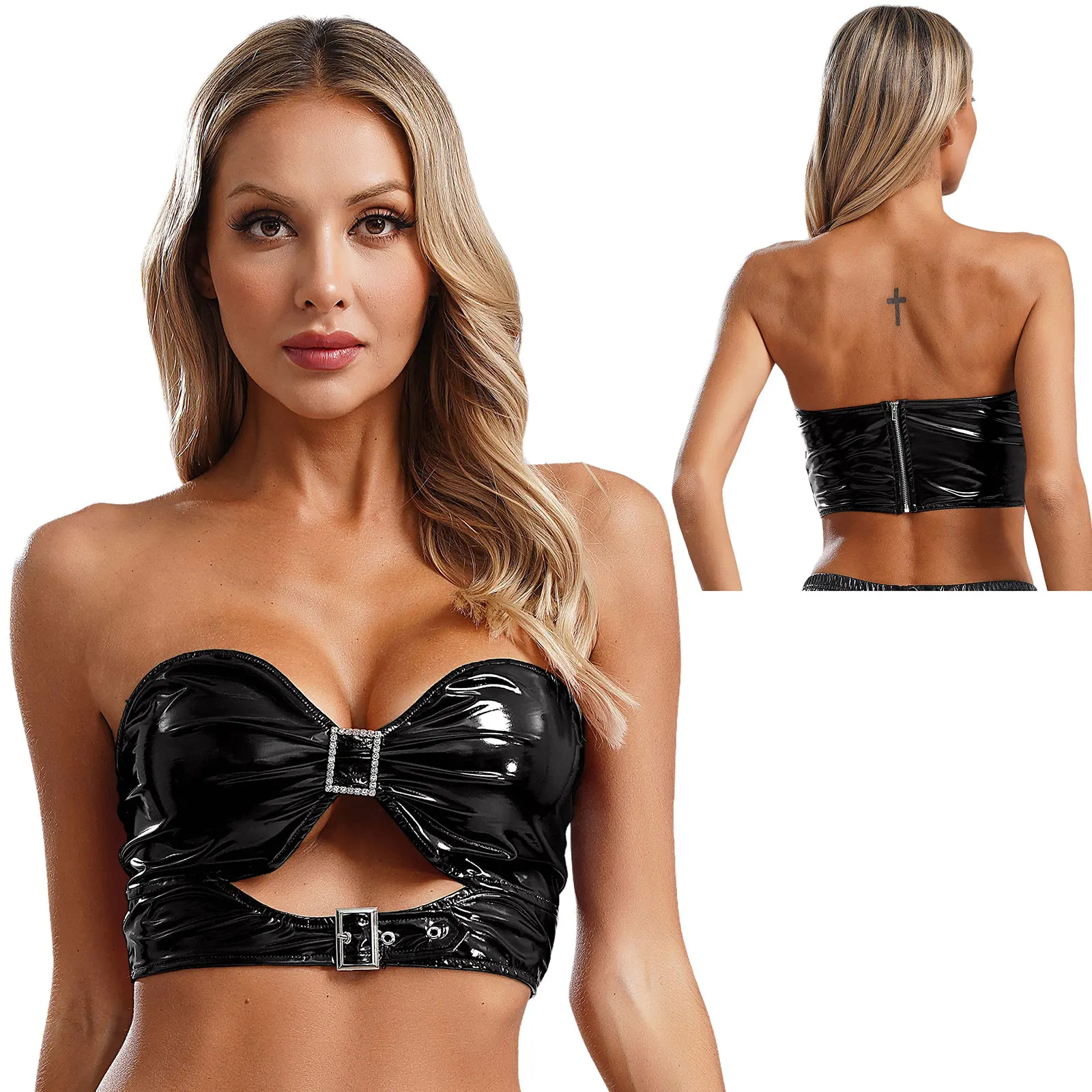 thumbnail image 1 of Lencería para mujer, sujetador de charol con agujeros, top corto, ropa interior divertida de PU metalizada, sujetador para festivales de música, fiestas, clubes, 1 of 5