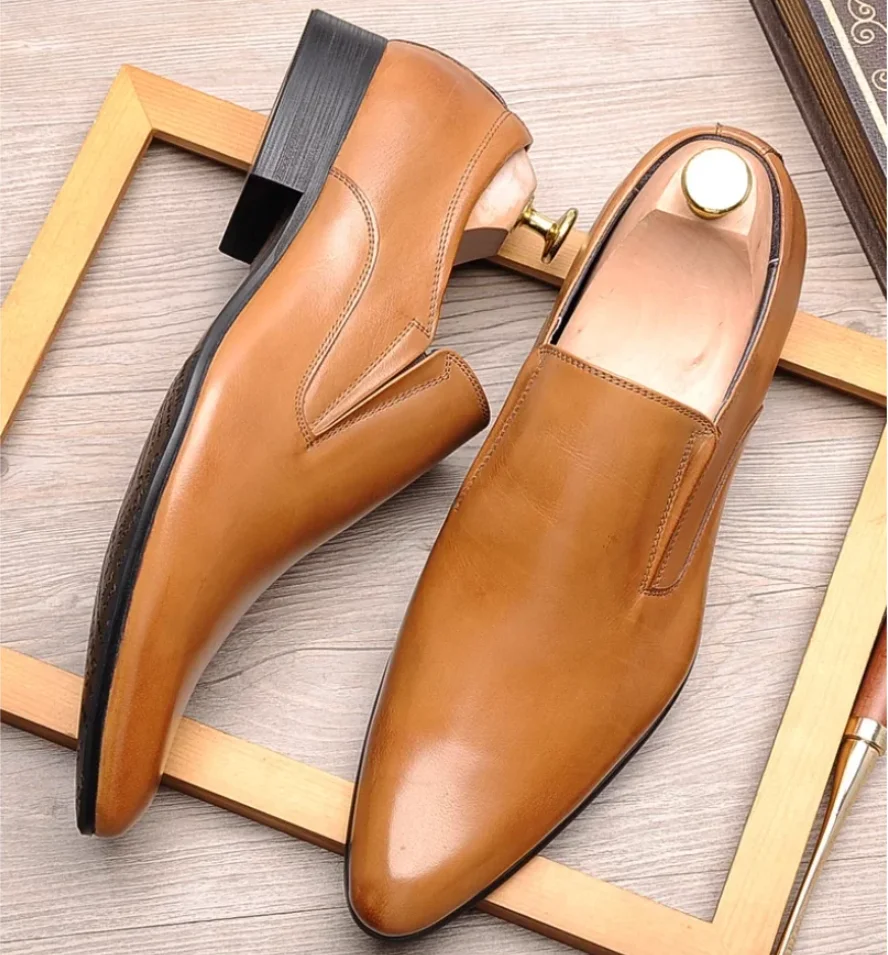 Britische Business-formelle Herren-Schuhe aus echtem Leder mit spitzer Zehenpartie, Oberschicht aus Rindsleder für Herren, koreanische Version, braunes einstufiges Rindsleder – Detail 16