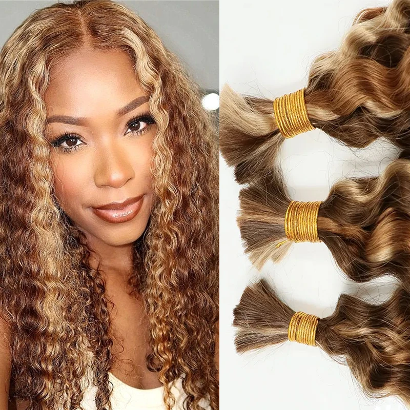 Deep Wave Human Braiding Hair Unprocessed Human Hair Braiding No Weft 18 Inch Curly Bulk for #613