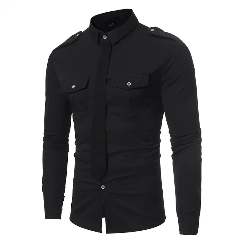 Double Pocket Military Style Black Shirt Men Casual Contrast Color Fake