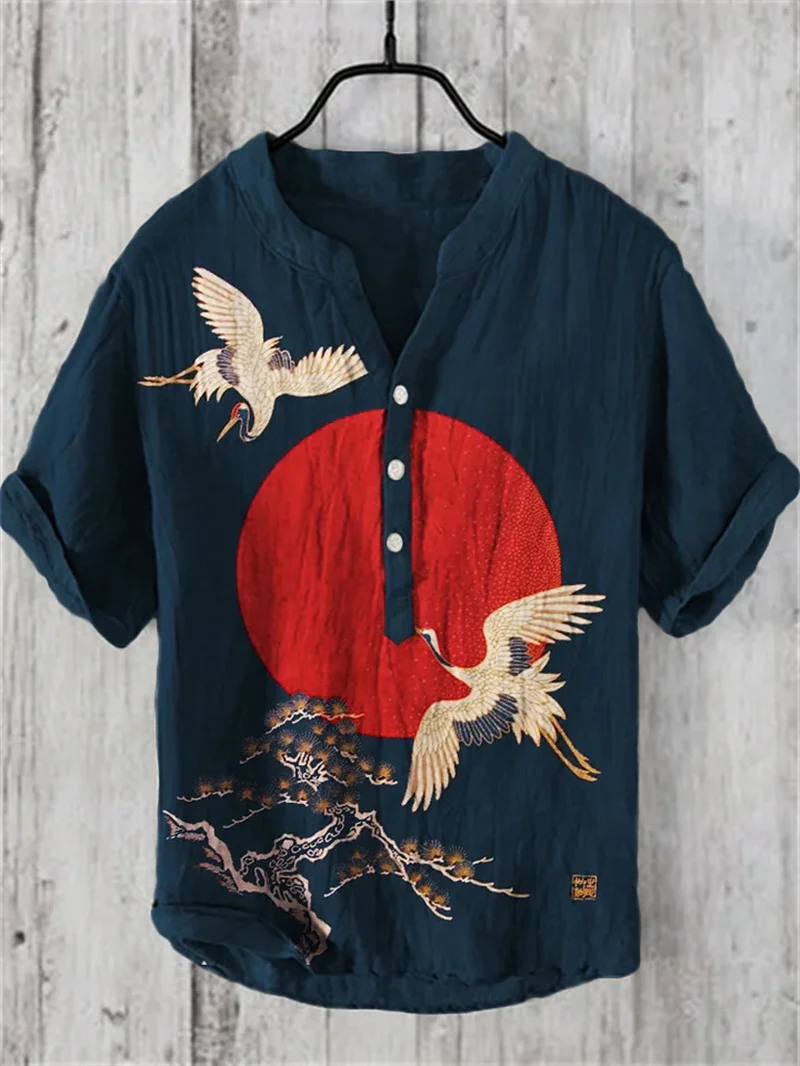 Standing collar 3D digital thermal dragon shirt landscape picture men standing collar short sleeved shirt