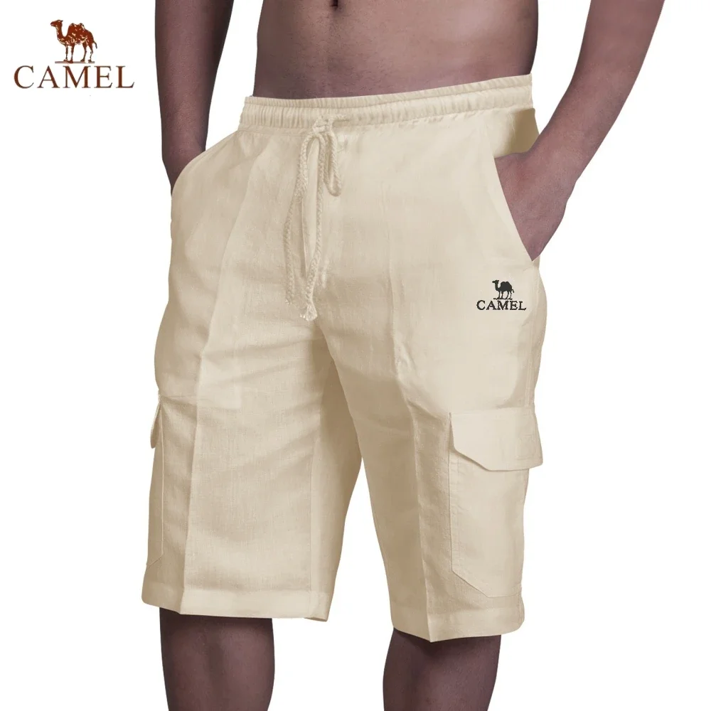 New Embroidered CAMEL Pure Cotton Linen Work Shorts Summer Men's Fashion Casual Multi Pocket Breathable Beach Swimming Pants