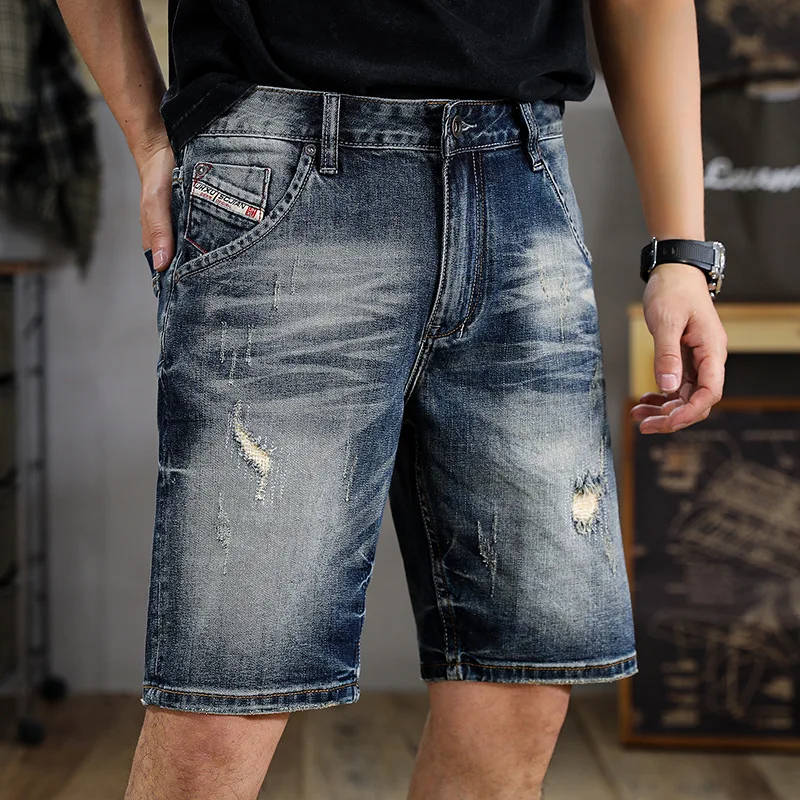 Summer Fashion Brand Retro Washed Scrape Ripped Denim Shorts Men's Slim Straight Shorts Ins Street Ruffle Handsome Middle Pants