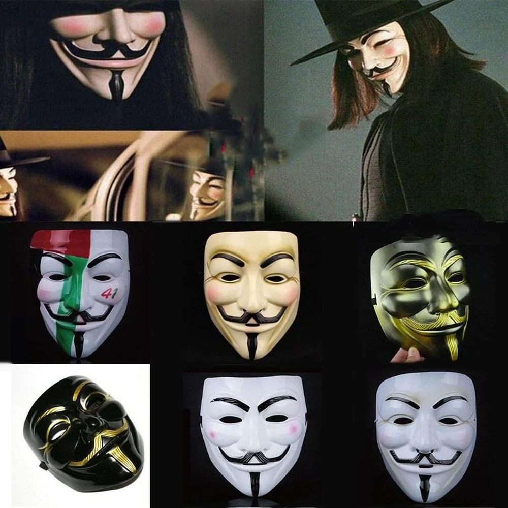 

V for Vendetta Mask White Black Yellow Mask Anonymous Guy Fawkes Fancy Adult Costume Halloween Party Mask