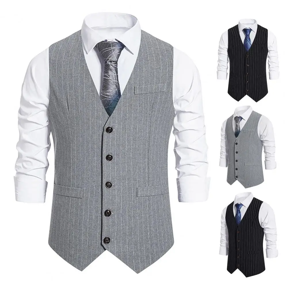 Mens suit dress vests Men Suit Waistcoat Elegant Men's V-neck Striped Suit Waistcoat with Pockets for Formal Events Weddings Vest
