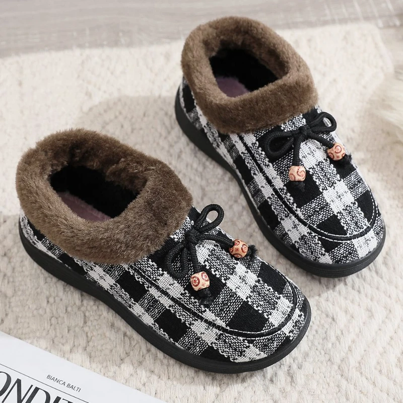 Women's Shoes Round Toe Casual Flat Shoes Slip on Casual Shoes Winter Plush and Thickened Vintage Cotton Shoes Snow Boots