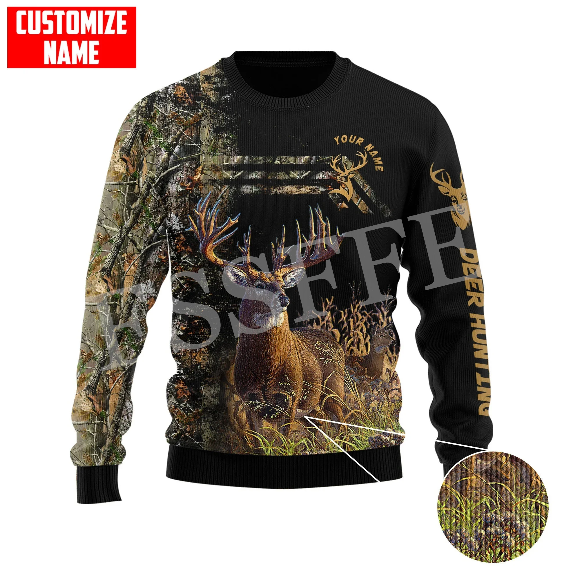 thumbnail image 1 of Suéter feo de Navidad con estampado 3D de camuflaje para caza de ciervos, con nombre personalizado, para cosplay, estilo Harajuku, manga larga, para invierno, X1, 1 of 5