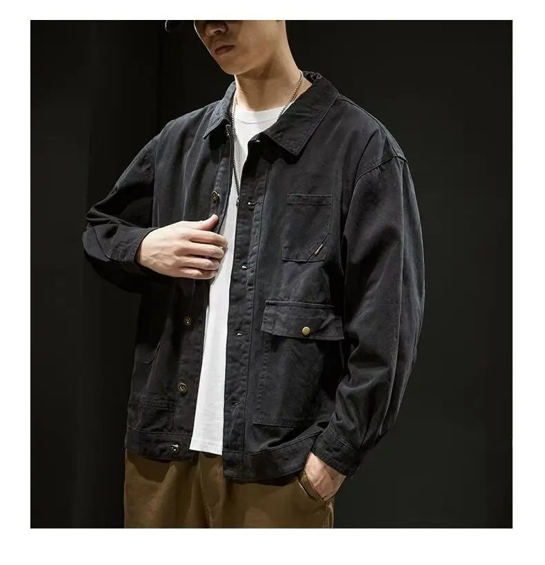Men's Denim Jacket - Retro Korean Style Casual Workwear Coat with Functional Pockets