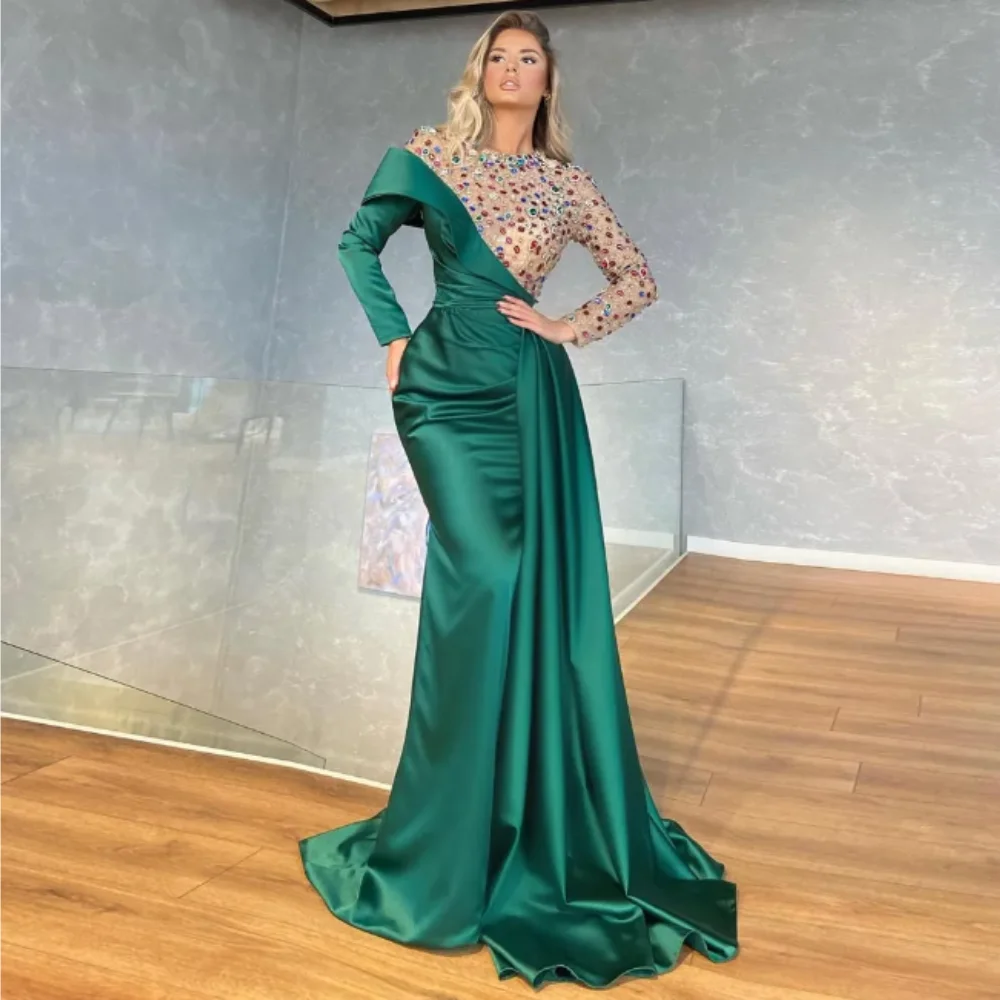 

Hunter Mermaid Prom Dresses Beaded Jewel Neckline Evening Gowns Long Sleeve Sweep Train Satin Sequined Formal Dress Formal Wear