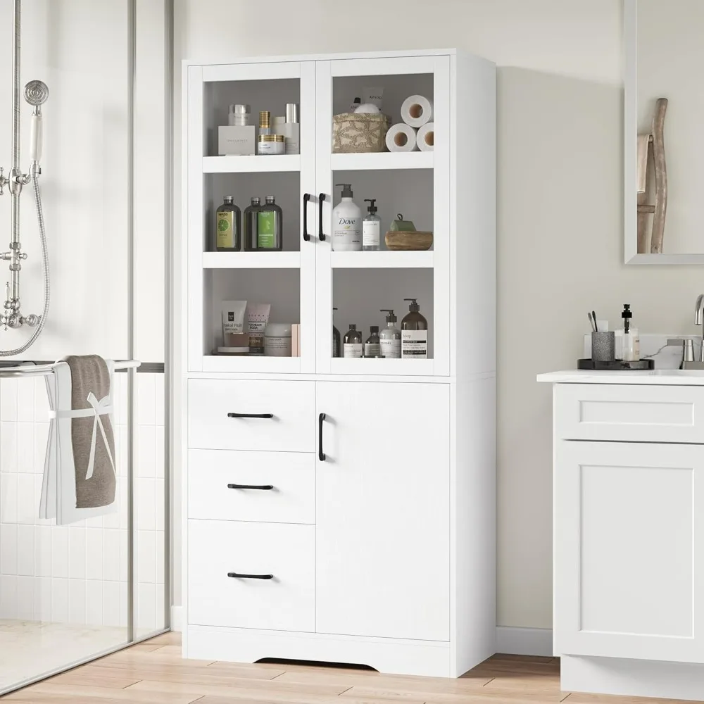 Modern standalone tall bathroom storage cabinet with 2 glass display doors, shelves and drawers, 67 inch H-height cabinet