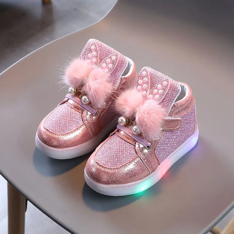 

Size 21-30 Children Glowing Sneakers Kids Shoes Girls Iridescent Casual Sport Boots Cute Cack High Top Sneakers Baby Bunny Shoes