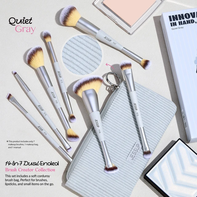 Jessup Makeup Brushes Set 3/7pcs Dual Ended Synthetic Foundation Blush Highlight Blending Eyebrow Brush with Bag,Quiet Gray T520