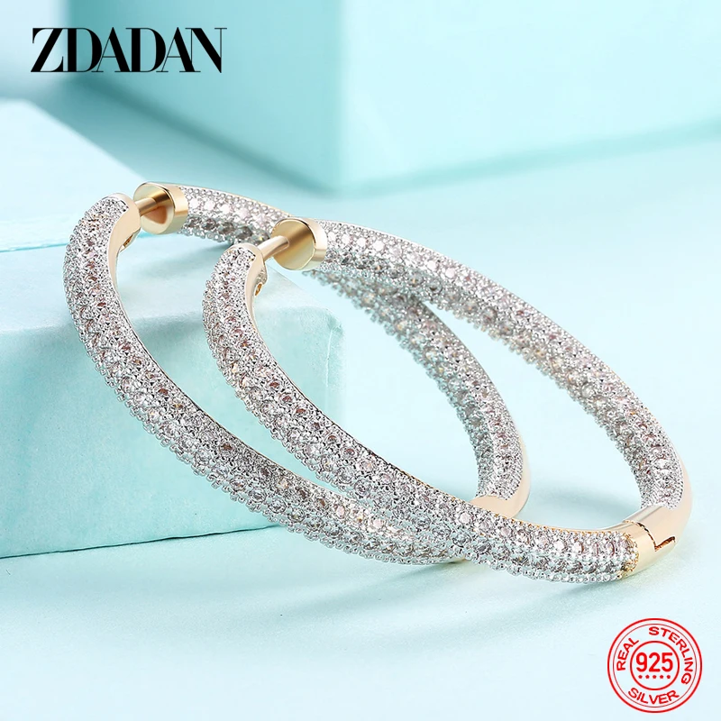 

ZDADAN 925 Silver 18K Gold 35mm Zircon Hoop Earrings For Women Fashion Jewelry