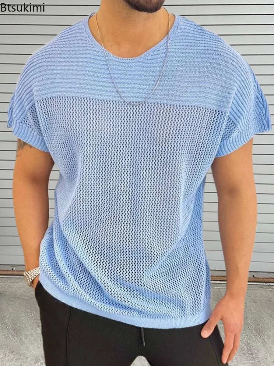 

2024 Fashion New Men's Solid Color Knitted T-shirt Summer Breathable Hollow Out O-neck Knit Pullover Men Loose Short Sleeve Tops