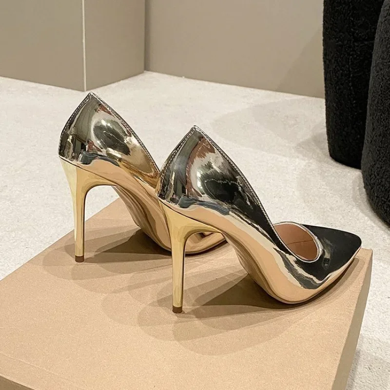 Soft Leather Sliver Gold High Heels 8/10cm Shoe Fashion Women Pumps Pointed Toe Slip-on Office Woman Wedding Shoes Large Size 43 4