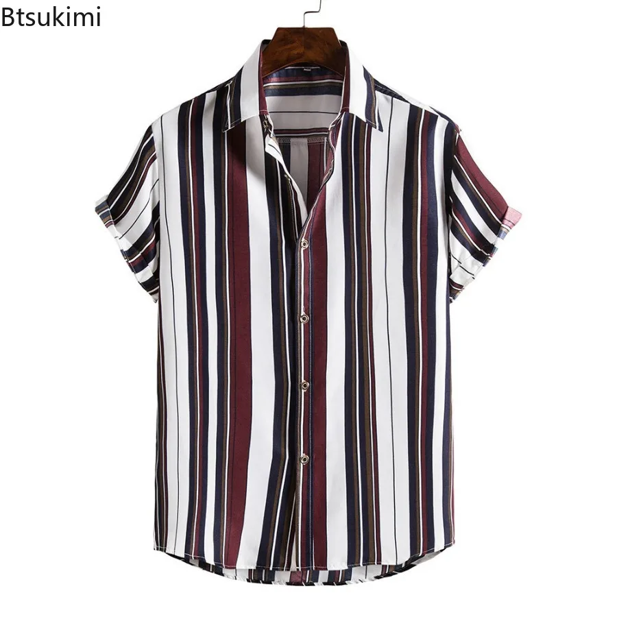 2024 Men's Print Striped Shirts Hawaiian Style Men Holiday Shirts Trend Short Sleeve Travel Beach Tops Men's Summer Casual Tees женская ковшовая шляпа fishman hats holiday travel beach cap