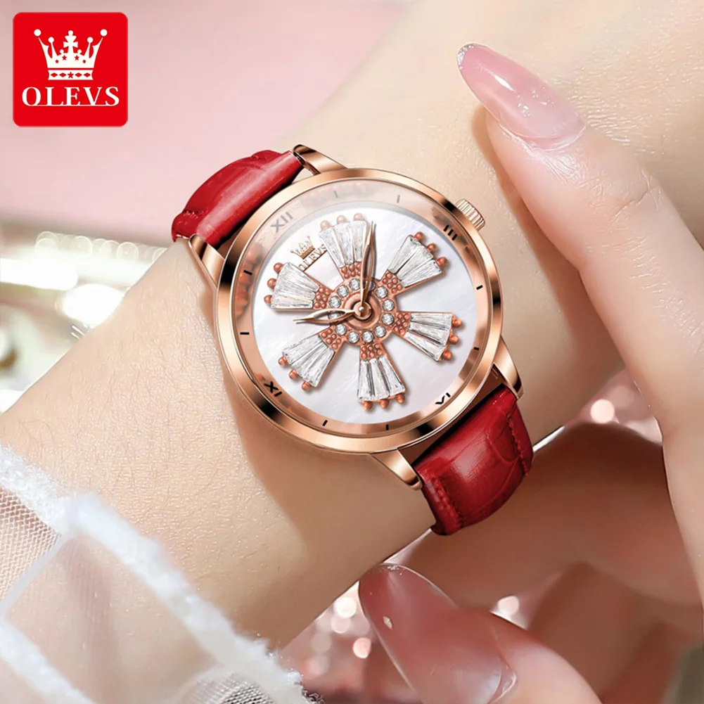 OLEVS Women Fashion Crystal Dial Can Be Rotated Quartz Watches for Ladies Bracelet Casual Leather Sports Watch Relógio Feminino