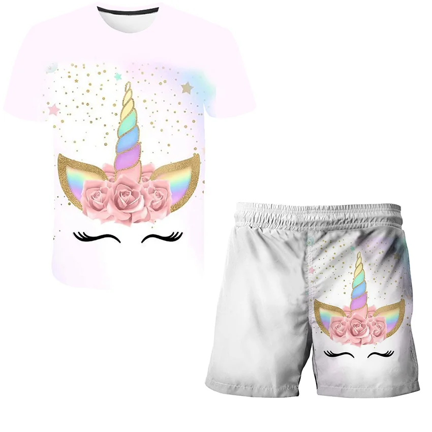 Fashion Kids Unicorn Clothes Set Girl Princess Casual T Shirts + Child Short Trousers 2pcs Girls Children Clothing Outfits 4-14Y clothing kid suit