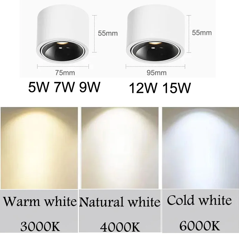 Led Spotlight Adjustable Angle Cob Super Bright Downlight 5w 7w 9w 12w 15w Surface Mounted Small Ceiling Light Indoor Lighting 3