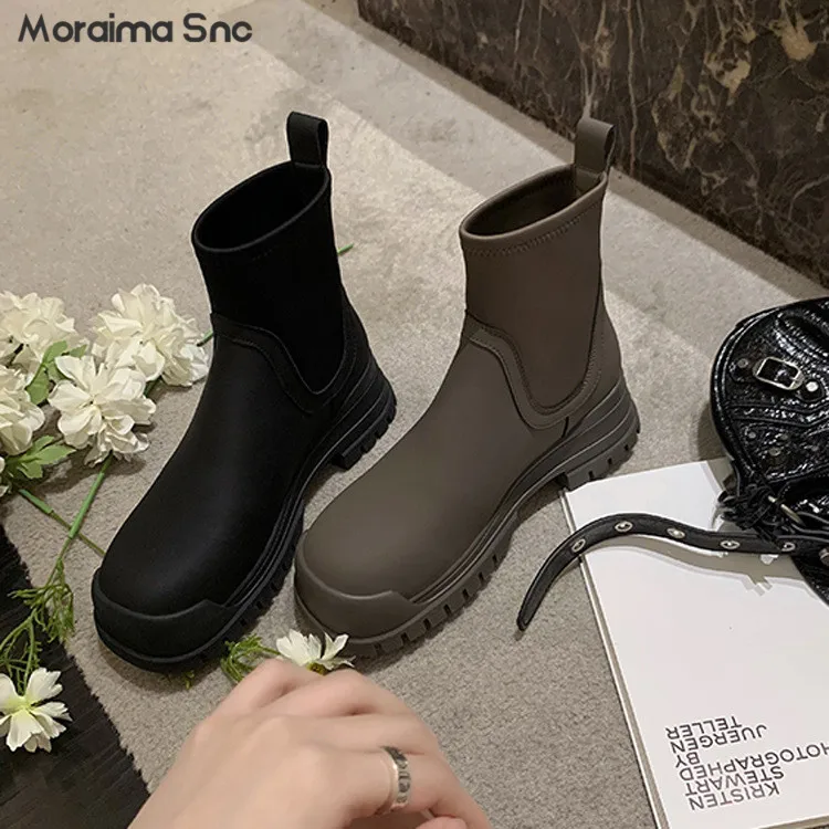 

Simple Stitching Leather Elastic Booties Round Toe Thick Heel Soft Comfortable Boots Slip On Fashion Casual Elastic Women's Boot